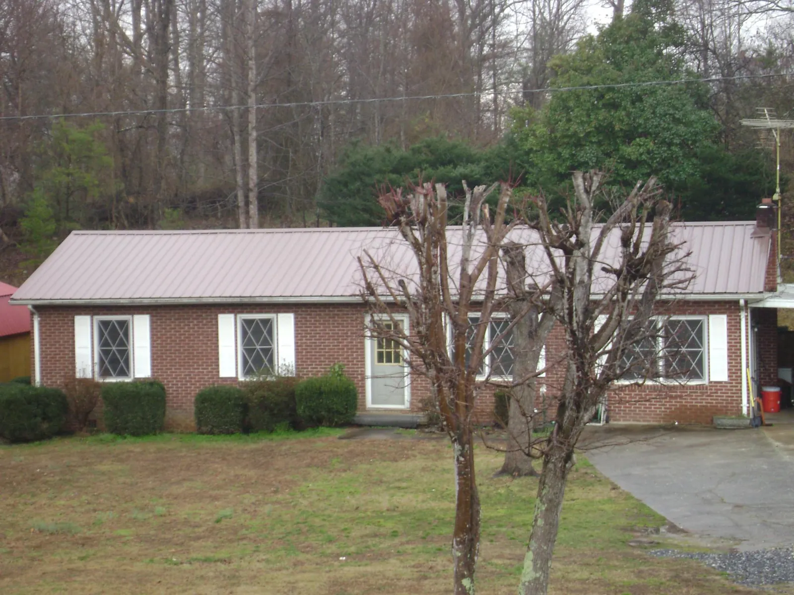 Mauve metal roof on a brick ranch home behind bare trees in Cheney